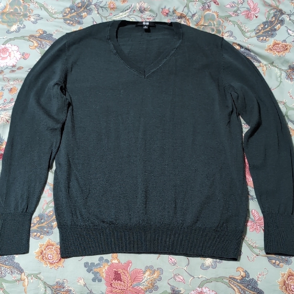 Uniqlo Dark Green V-Neck Wool Sweater, Medium